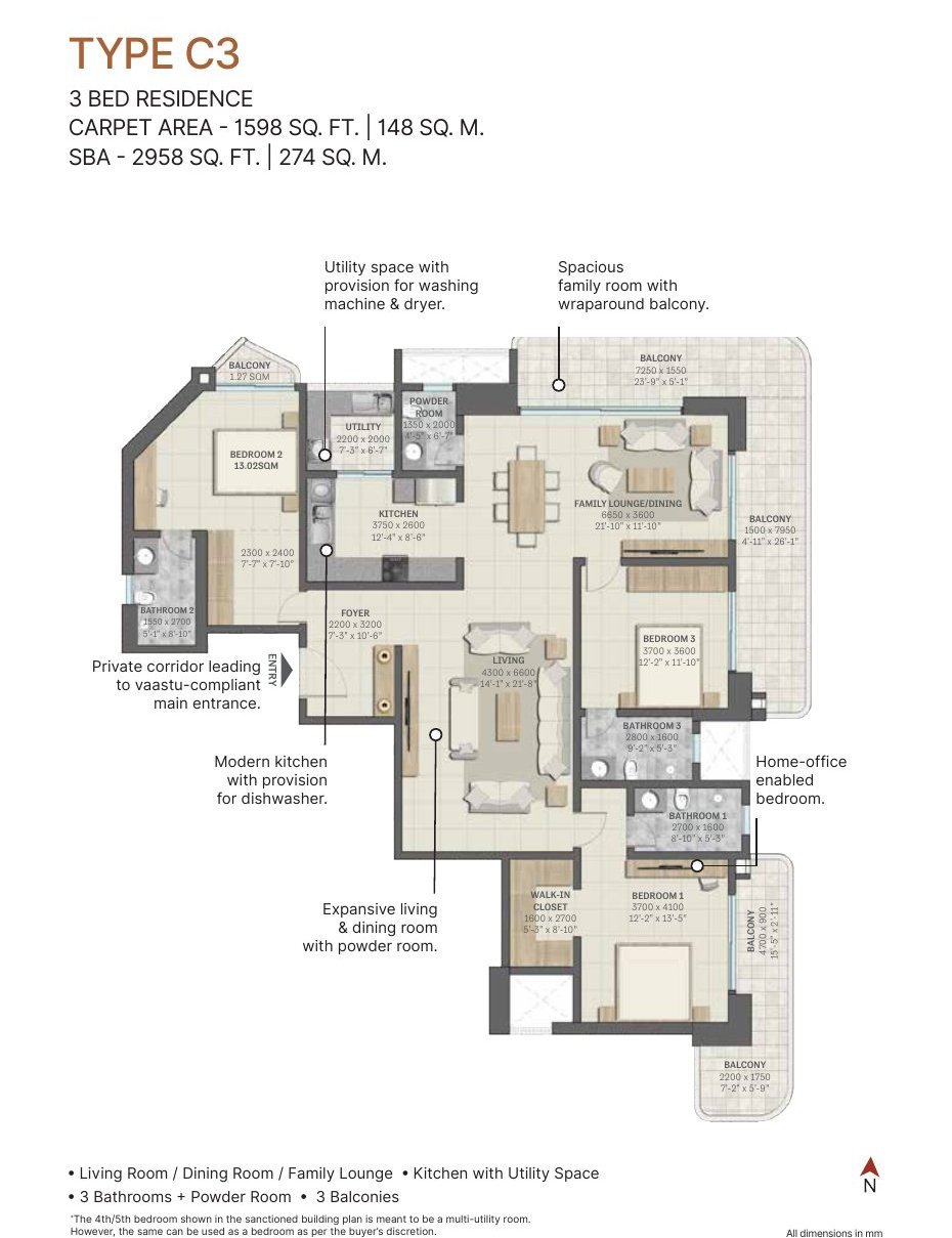3 Bed – Type C3, 1,598 sq ft carpet