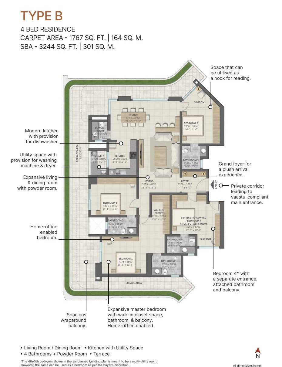 4 Bed with Private Terrace – Type B, 1,767 sq ft carpet