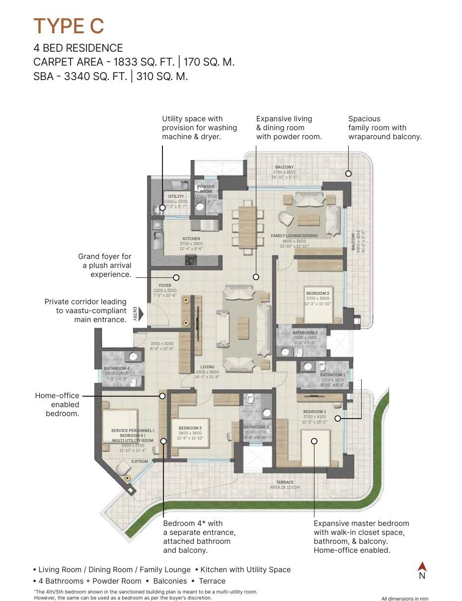 4 Bed with Private Terrace – Type C, 1,833 sq ft carpet