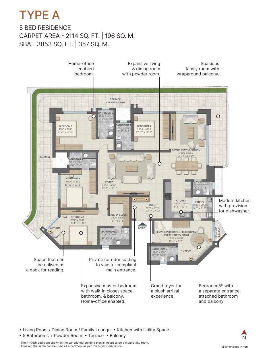5 Bed with Private Terrace – Type A, 2,114 sq ft carpet