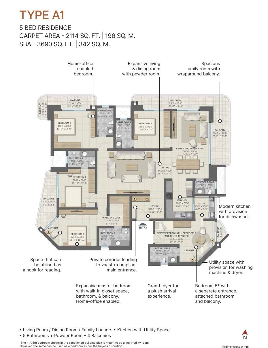 5 Bed – Type A1, 2,114 sq ft carpet