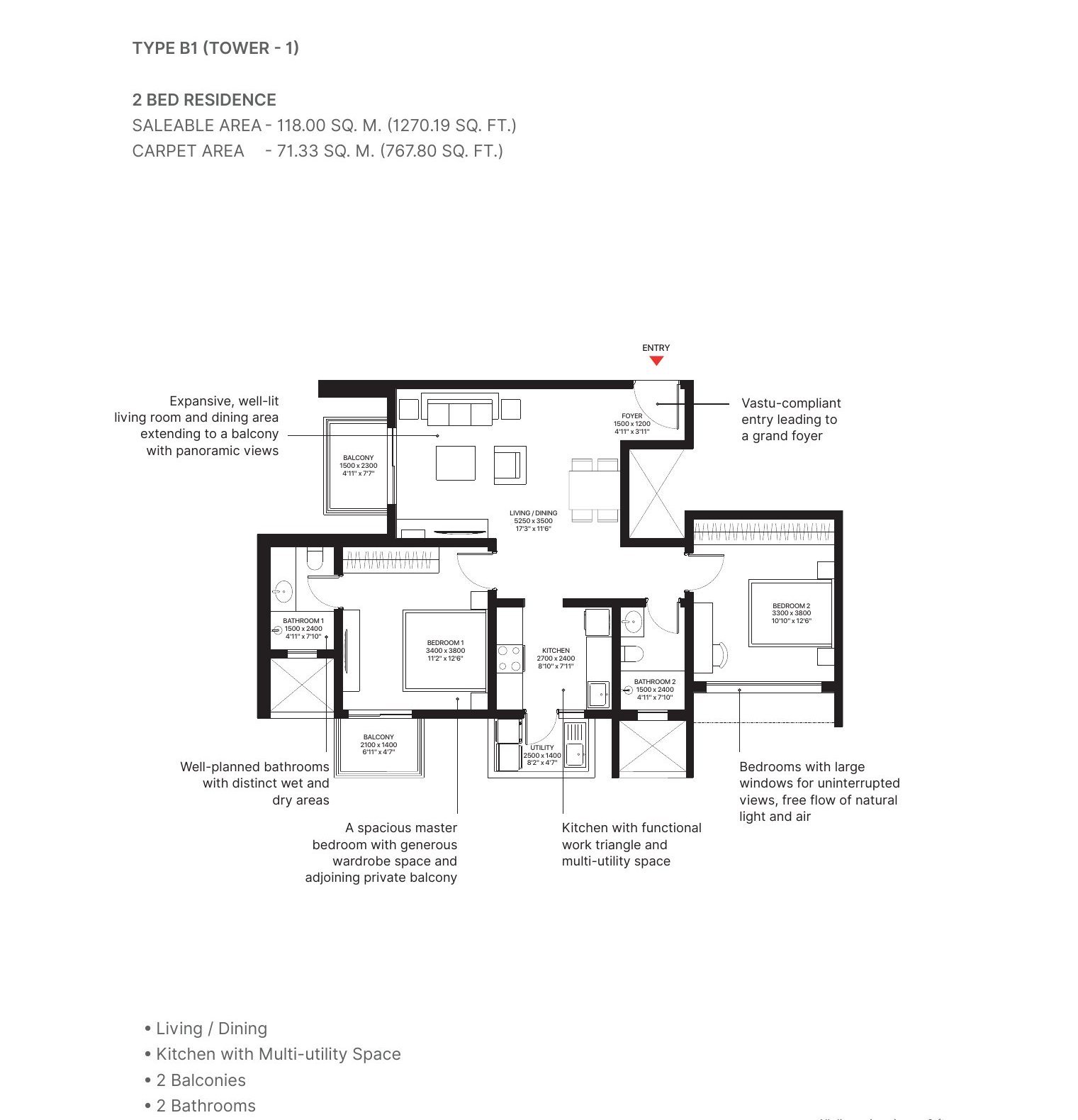 2 BHK – Type B1, 768 sq ft carpet