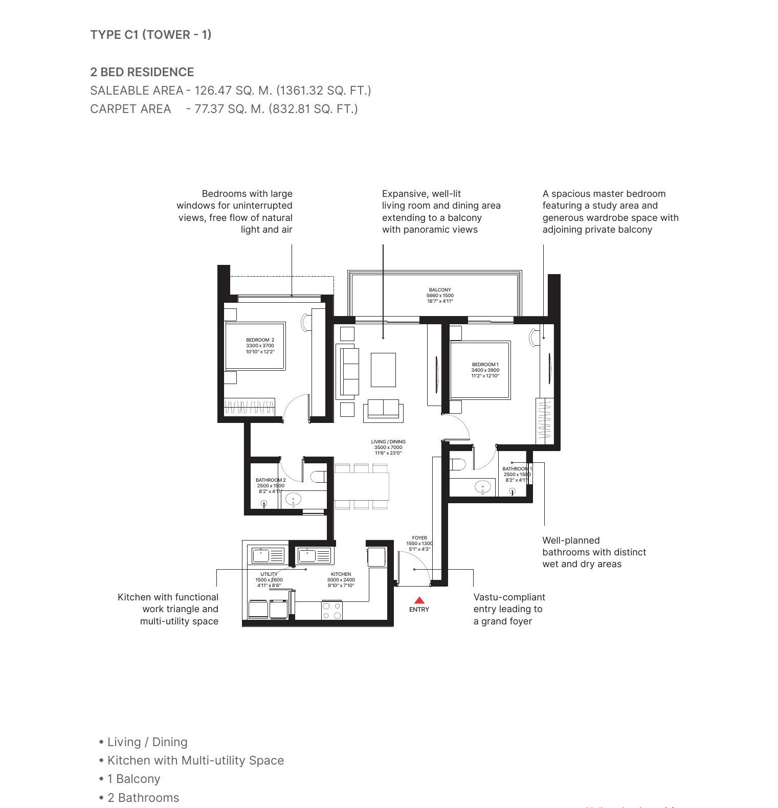 2 BHK – Type C1, 833 sq ft carpet