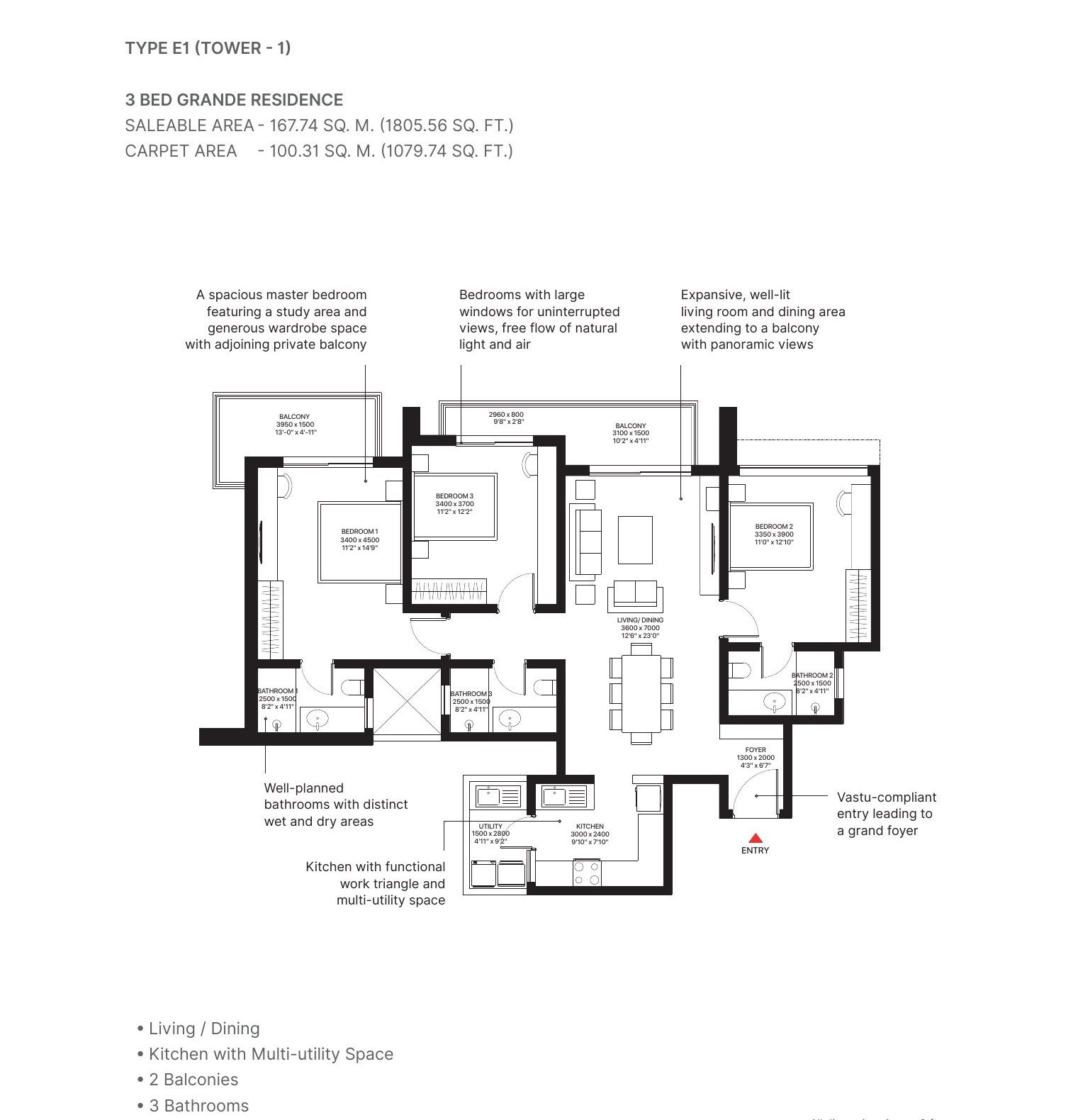 3 BHK Grande – Type E1, 1,080 sq ft carpet