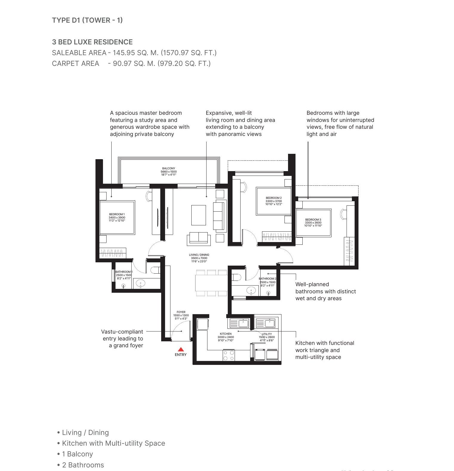 3 BHK Luxe – Type D1, 979 sq ft carpet