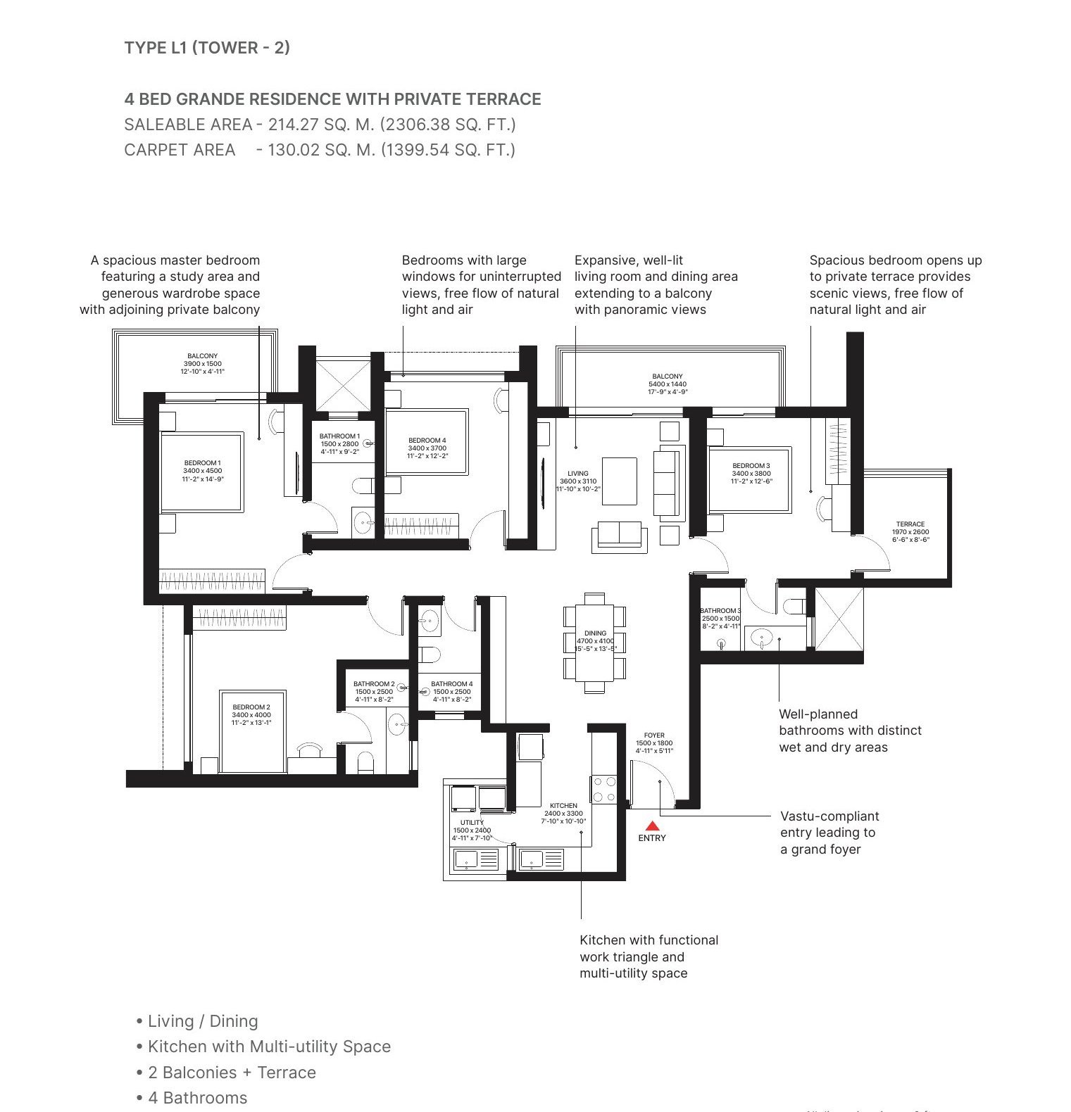 4 BHK Grande + Private Terrace – Type L1, 1,400 sq ft carpet