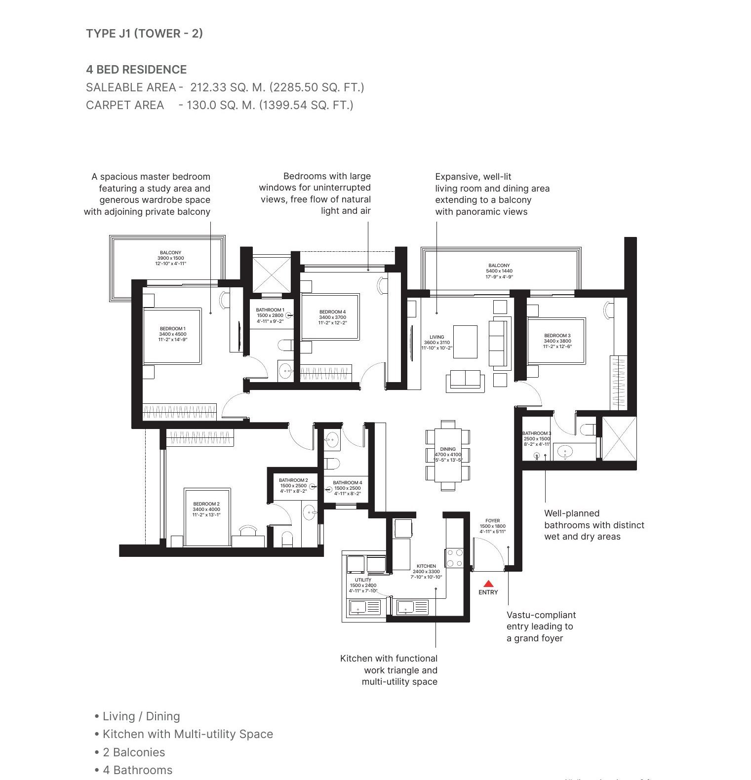 4 BHK Grande – Type J1, 1,400 sq ft carpet