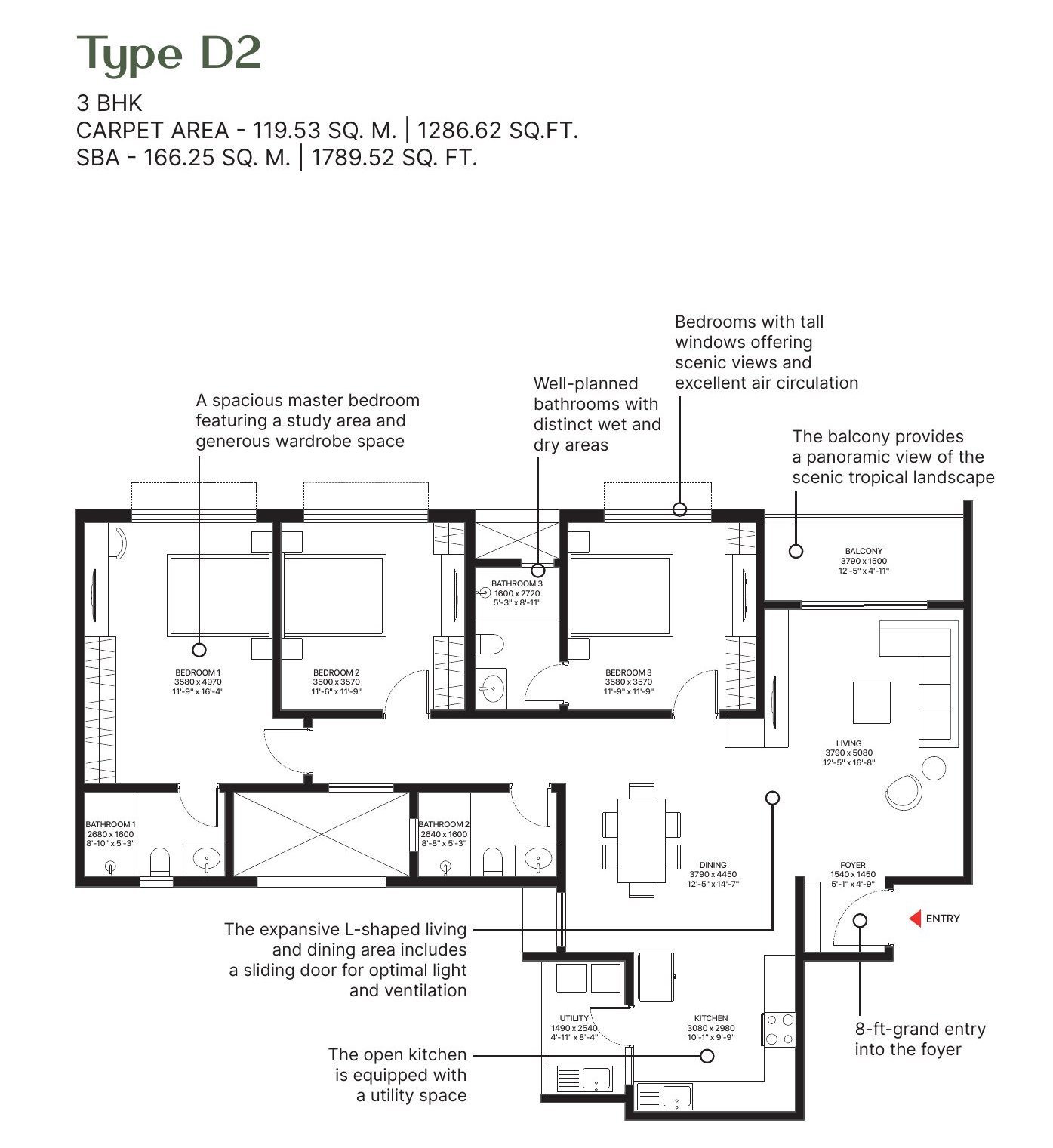 3 BHK – Type D, 1,287 sq ft carpet