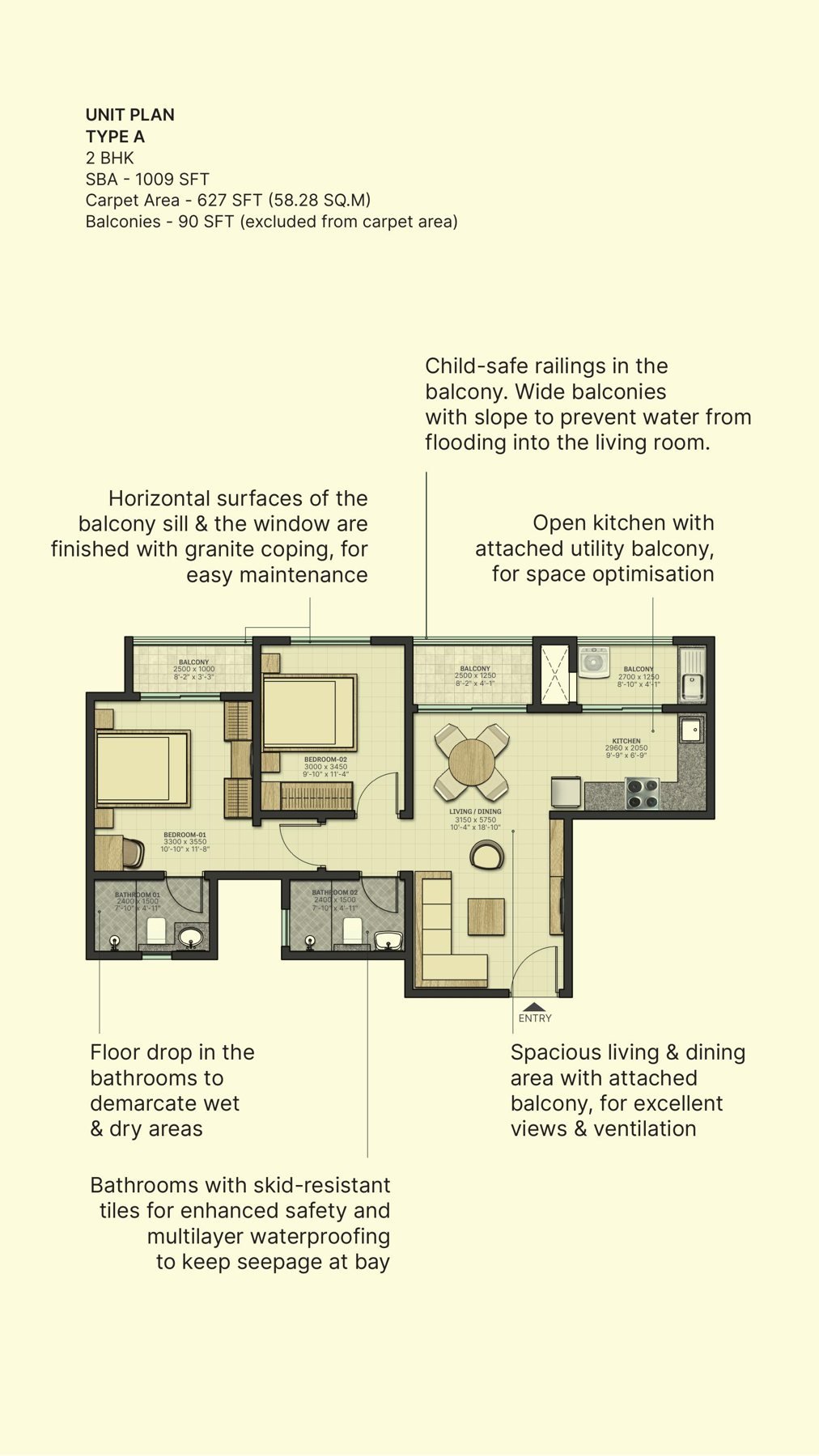 2 BHK – Type A, 627 sq ft carpet