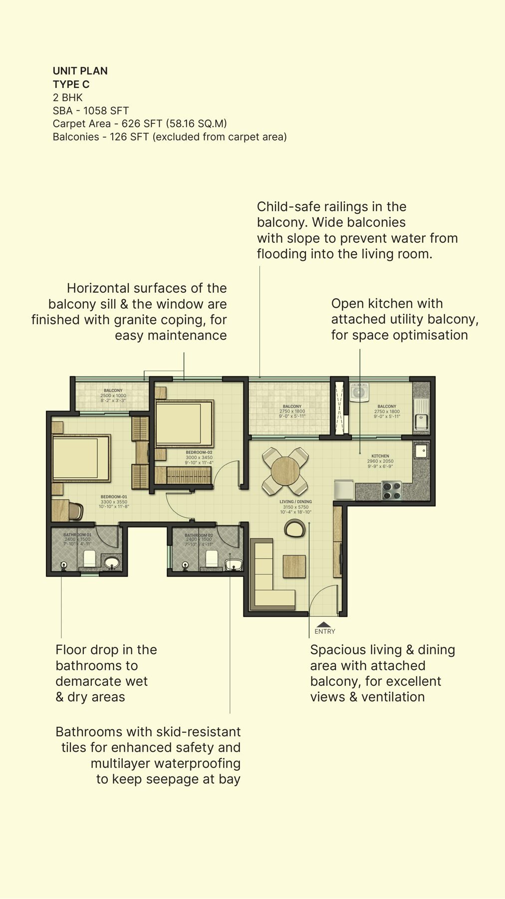 2 BHK – Type C, 626 sq ft carpet