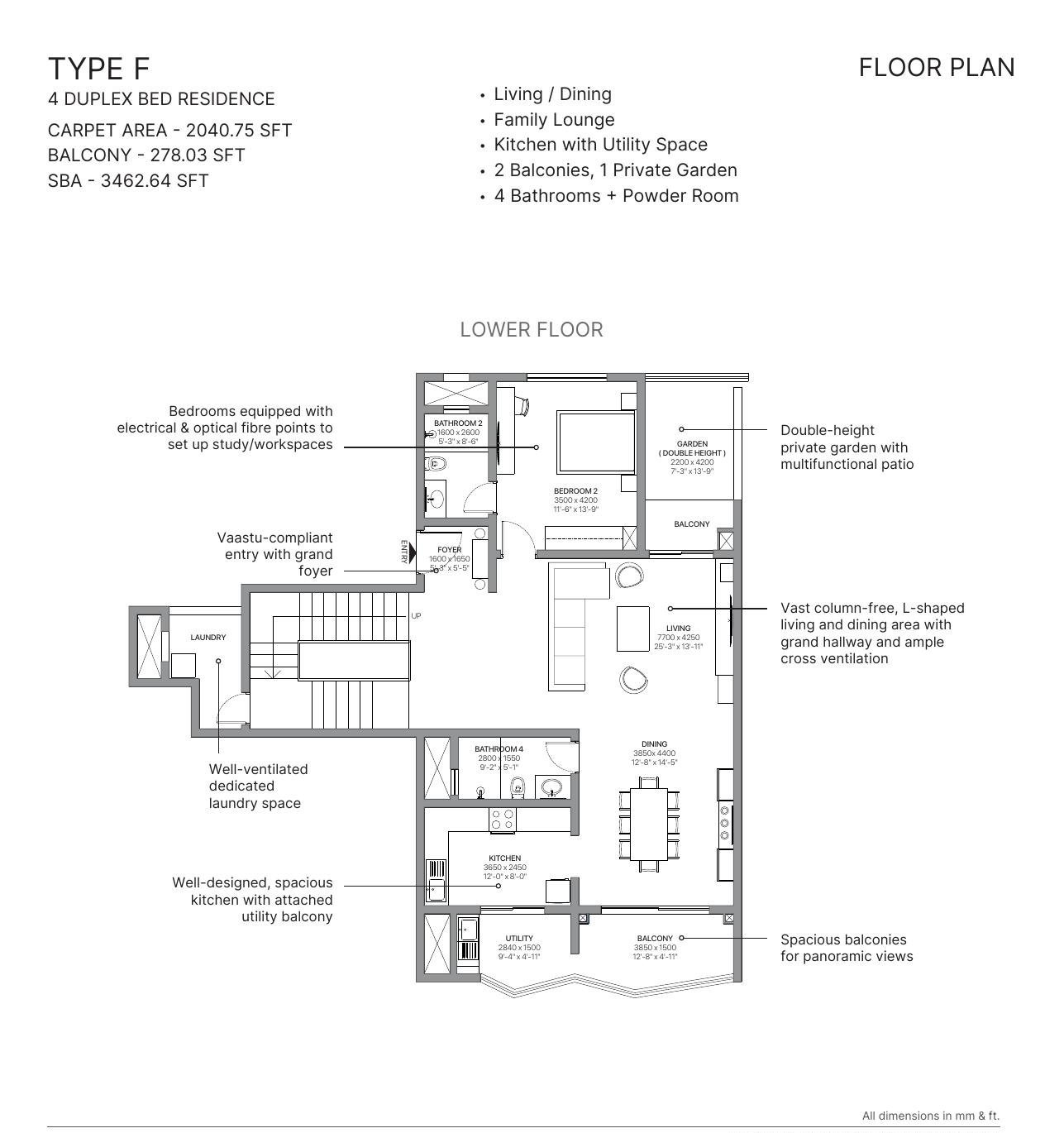 4 BHK Duplex – Type F lower floor, 2,041 sq ft carpet