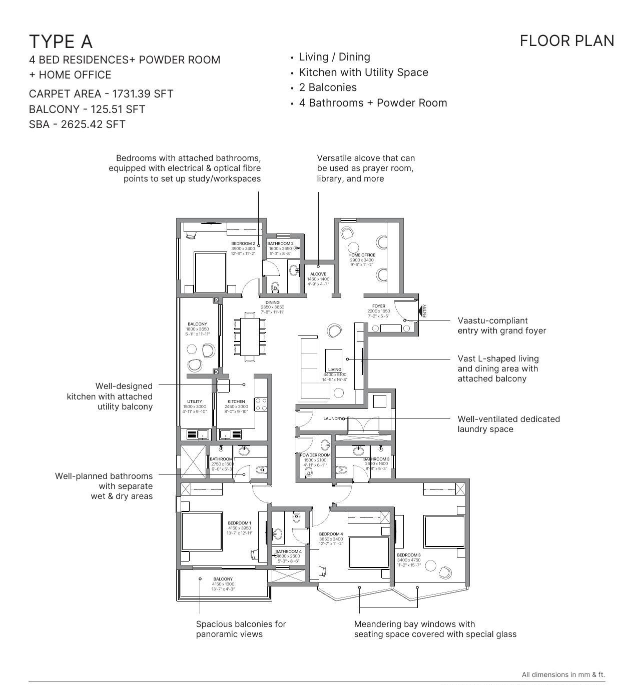 4 BHK + Home Office + Powder – Type A, 1,731 sq ft carpet