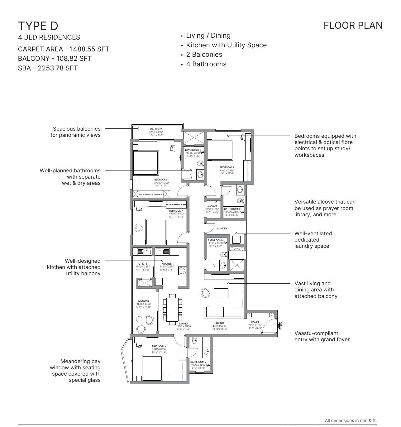 4 BHK – Type D, 1,489 sq ft carpet