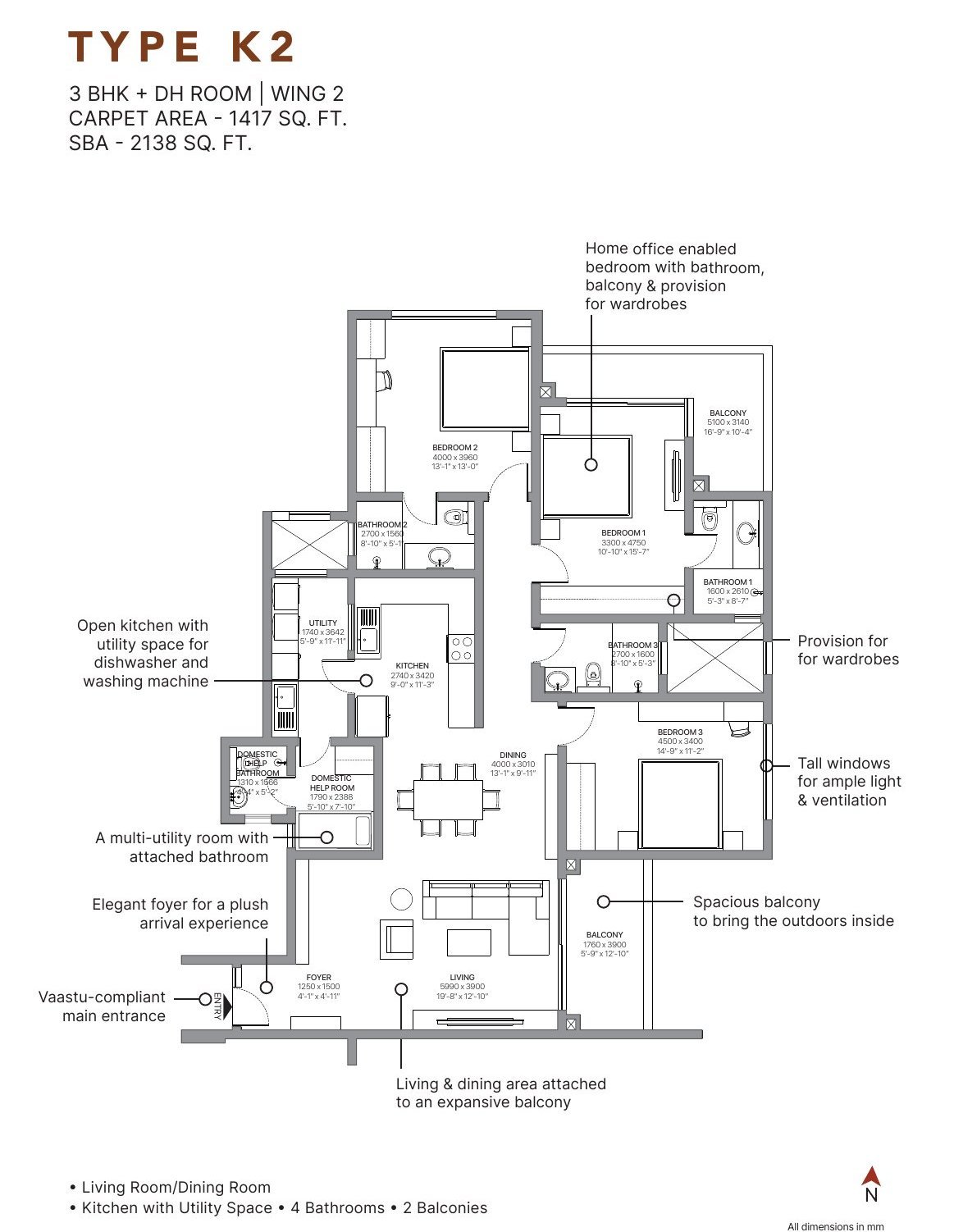 3 BHK + DH – Type K2, 1,417 sq ft carpet