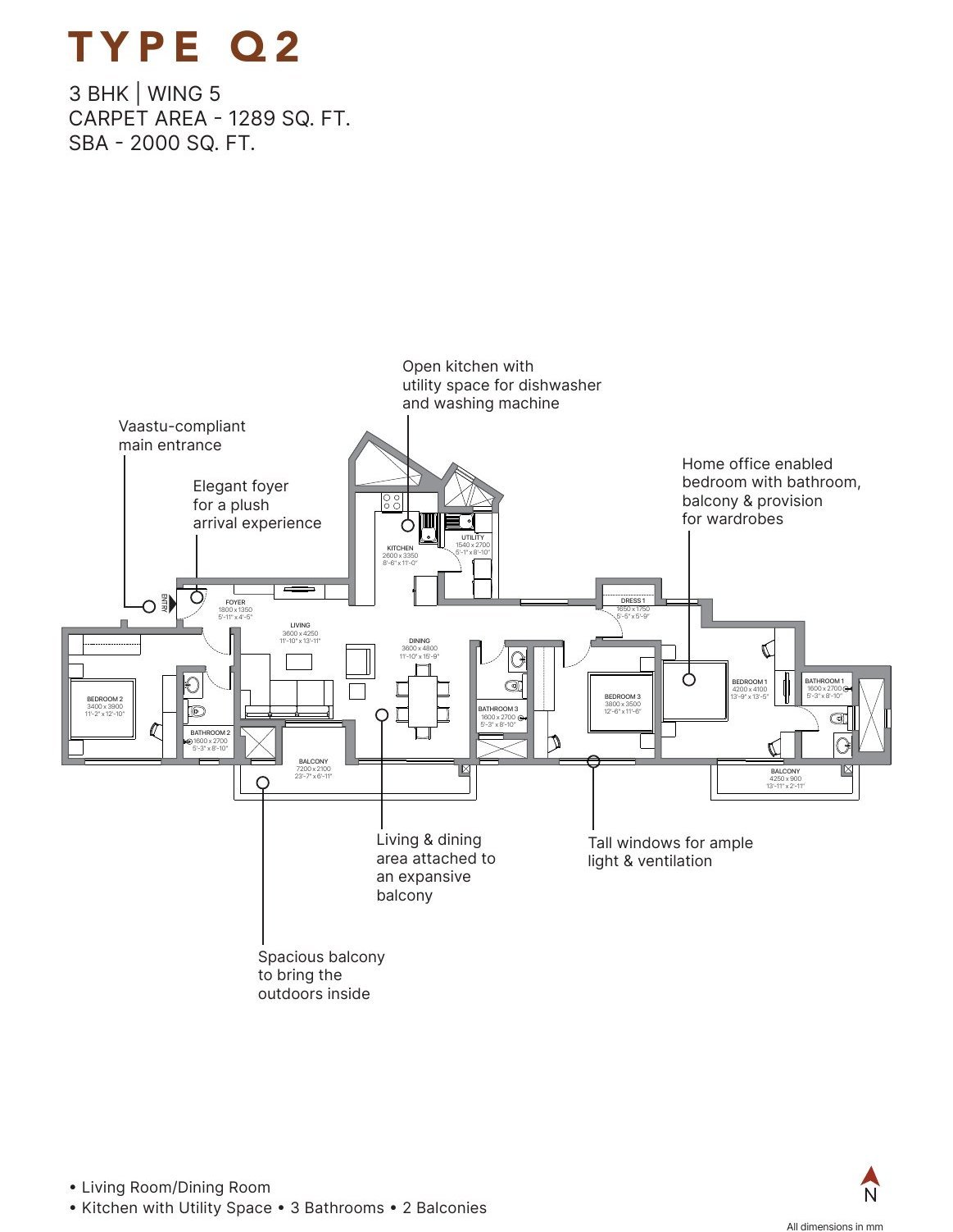 3 BHK – Type Q2, 1,289 sq ft carpet