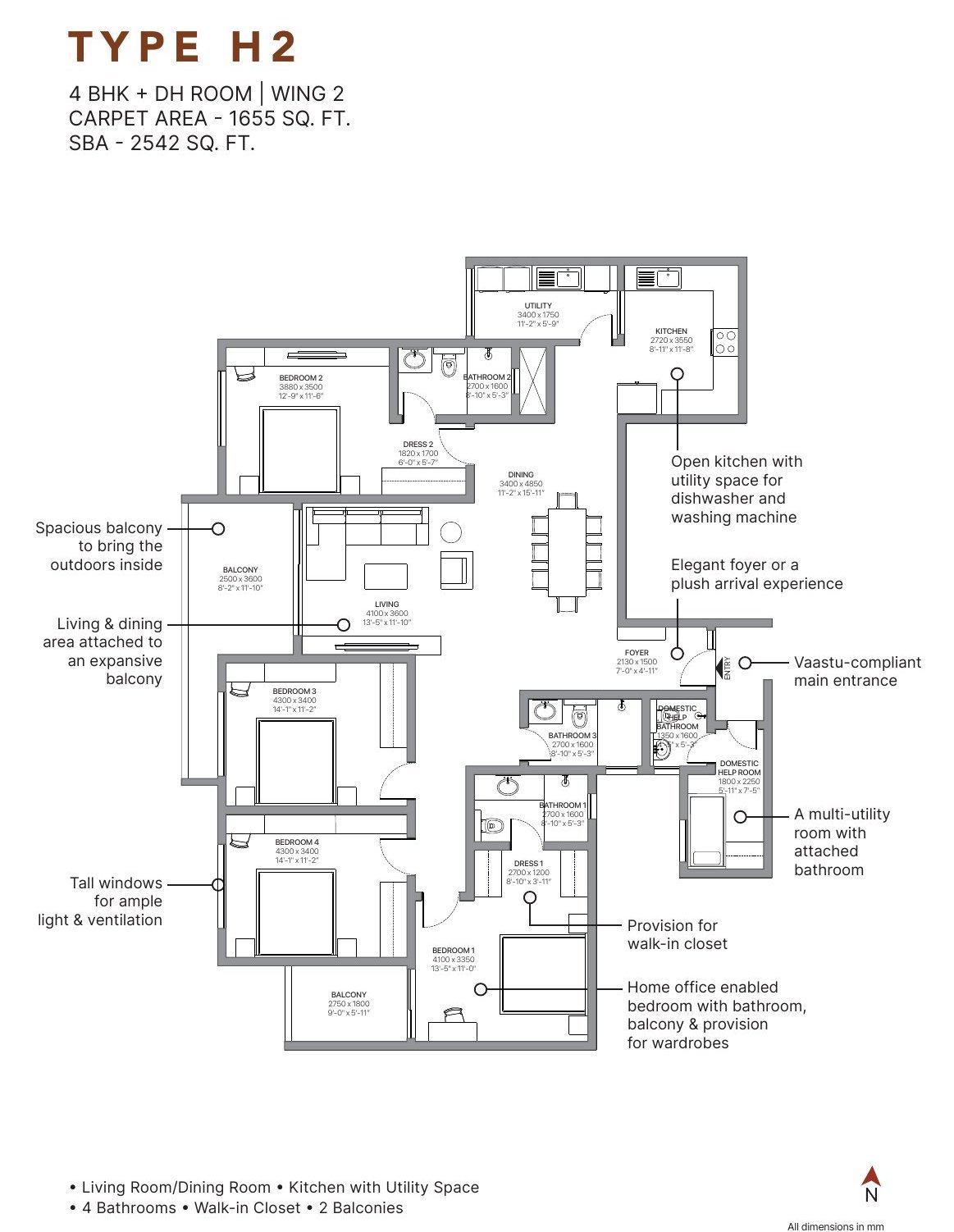 4 BHK + DH – Type H2, 1,655 sq ft carpet