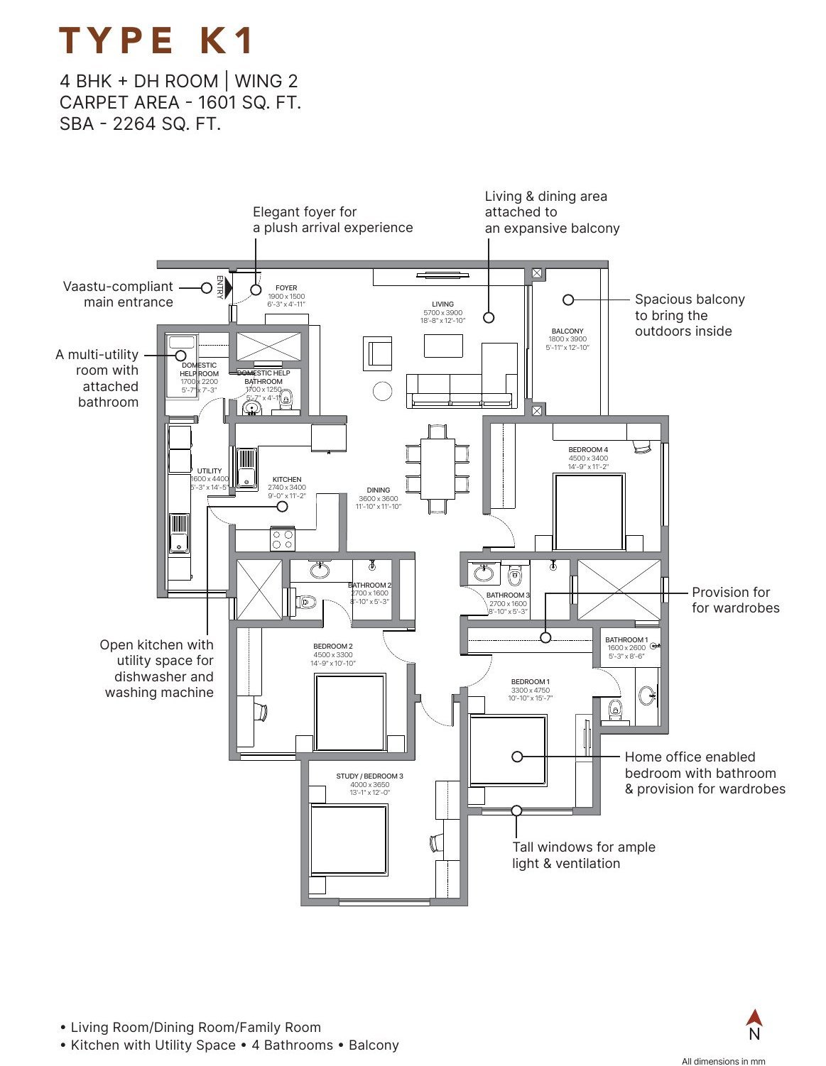 4 BHK + DH – Type K1, 1,601 sq ft carpet