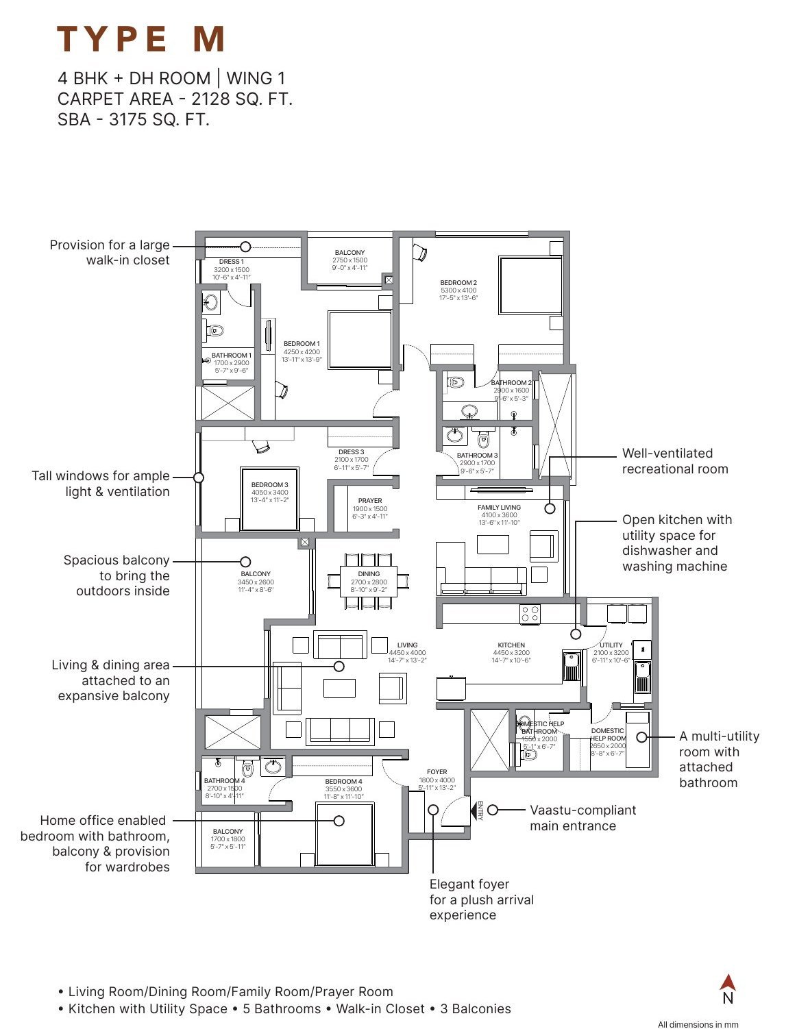 4 BHK + DH – Type M, 2,128 sq ft carpet
