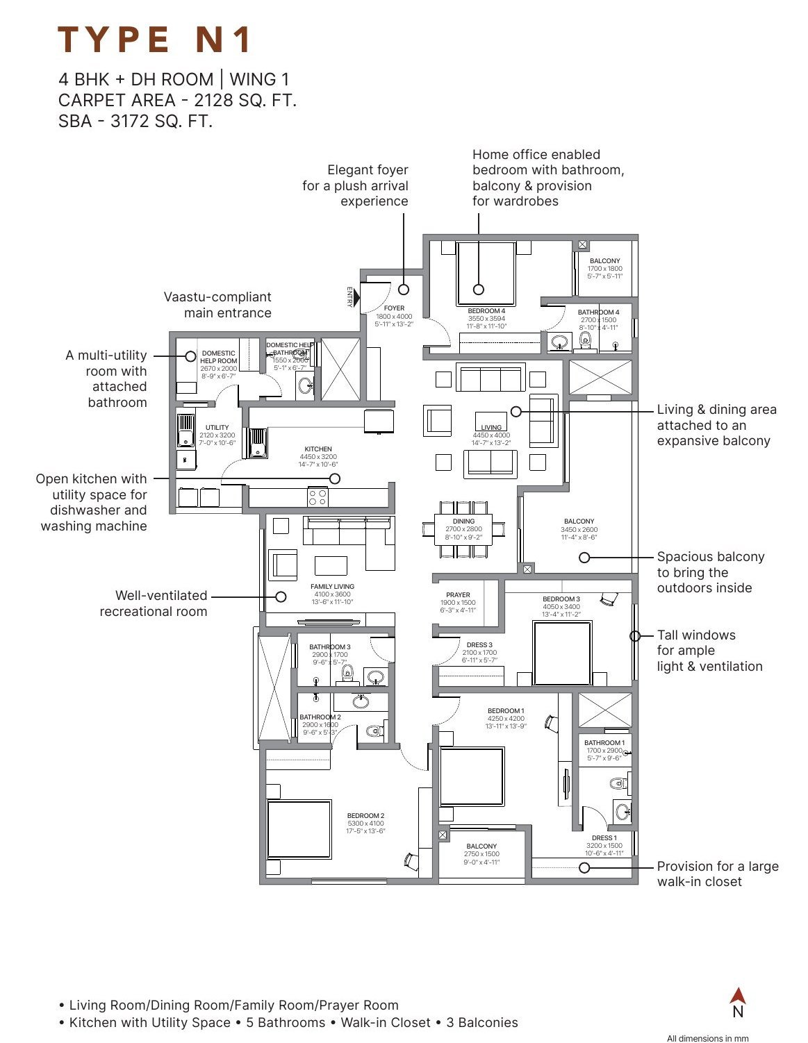 4 BHK + DH – Type N1, 2,128 sq ft carpet