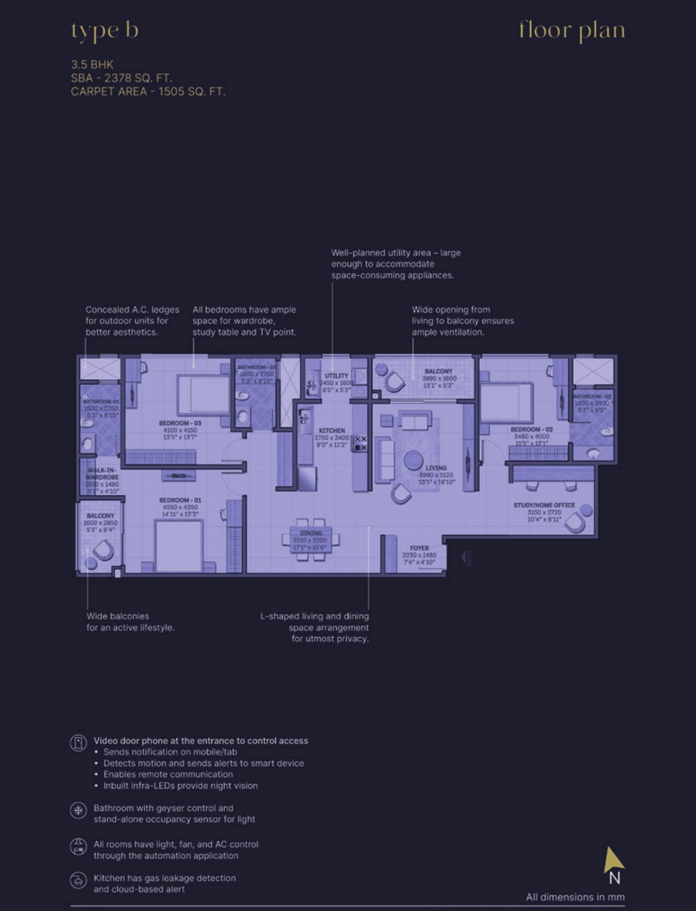3.5 BHK – Type B, 1,505 sq ft carpet