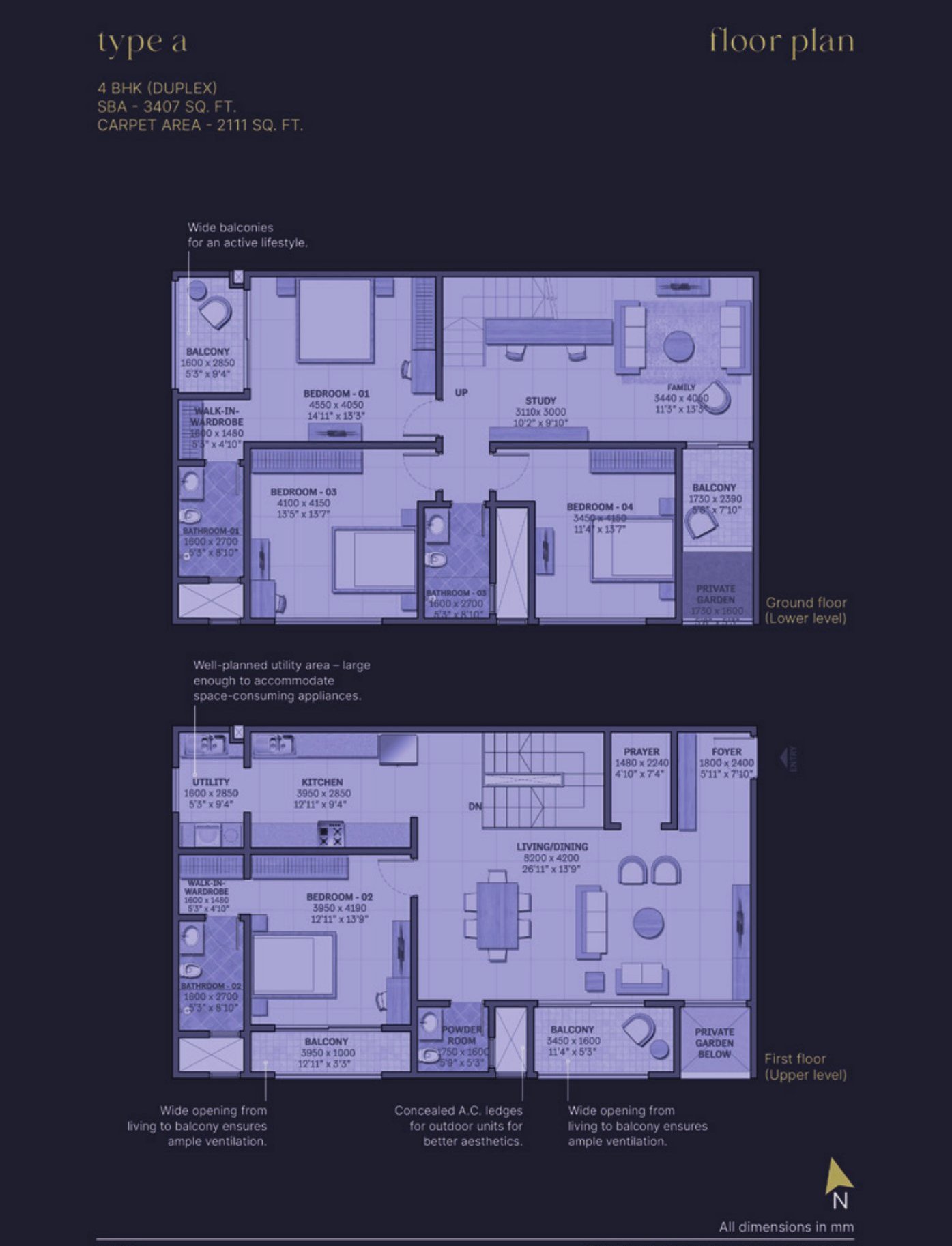 4 BHK Duplex – Type A, 2,111 sq ft carpet