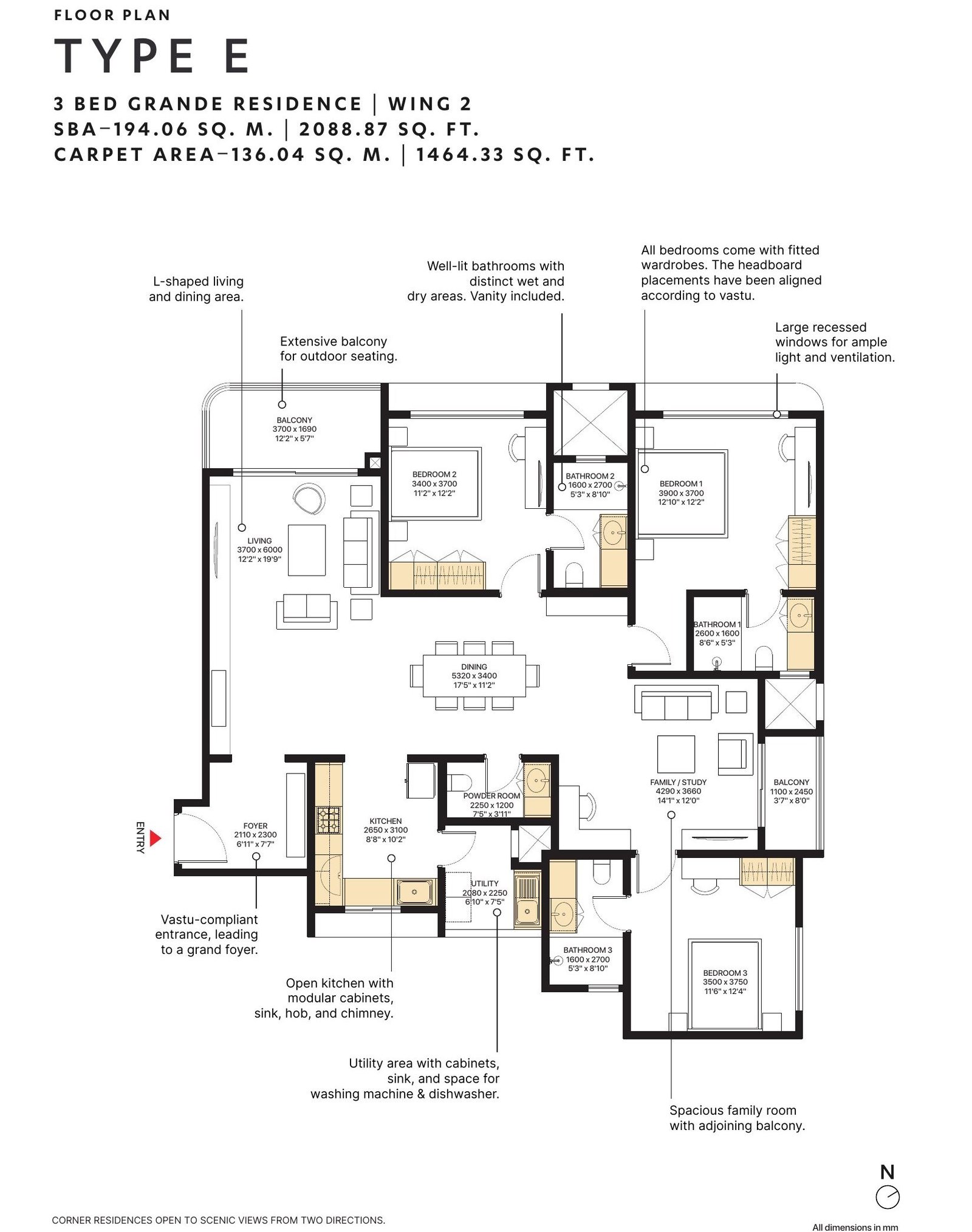 3 BHK Grande – Type E, 1,464 sq ft carpet