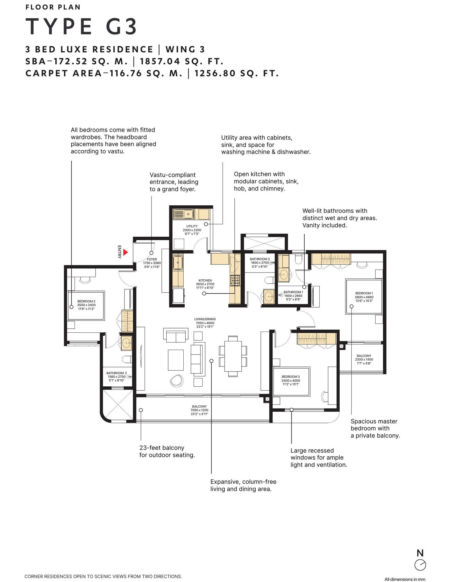 3 BHK Luxe – Type G3, 1,257 sq ft carpet