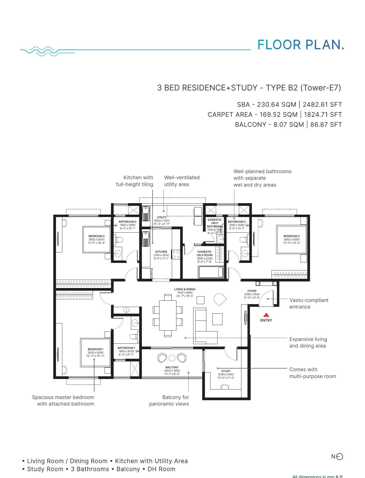 3 BHK + Study – Type B2, Tower E7, 1,825 sq ft carpet