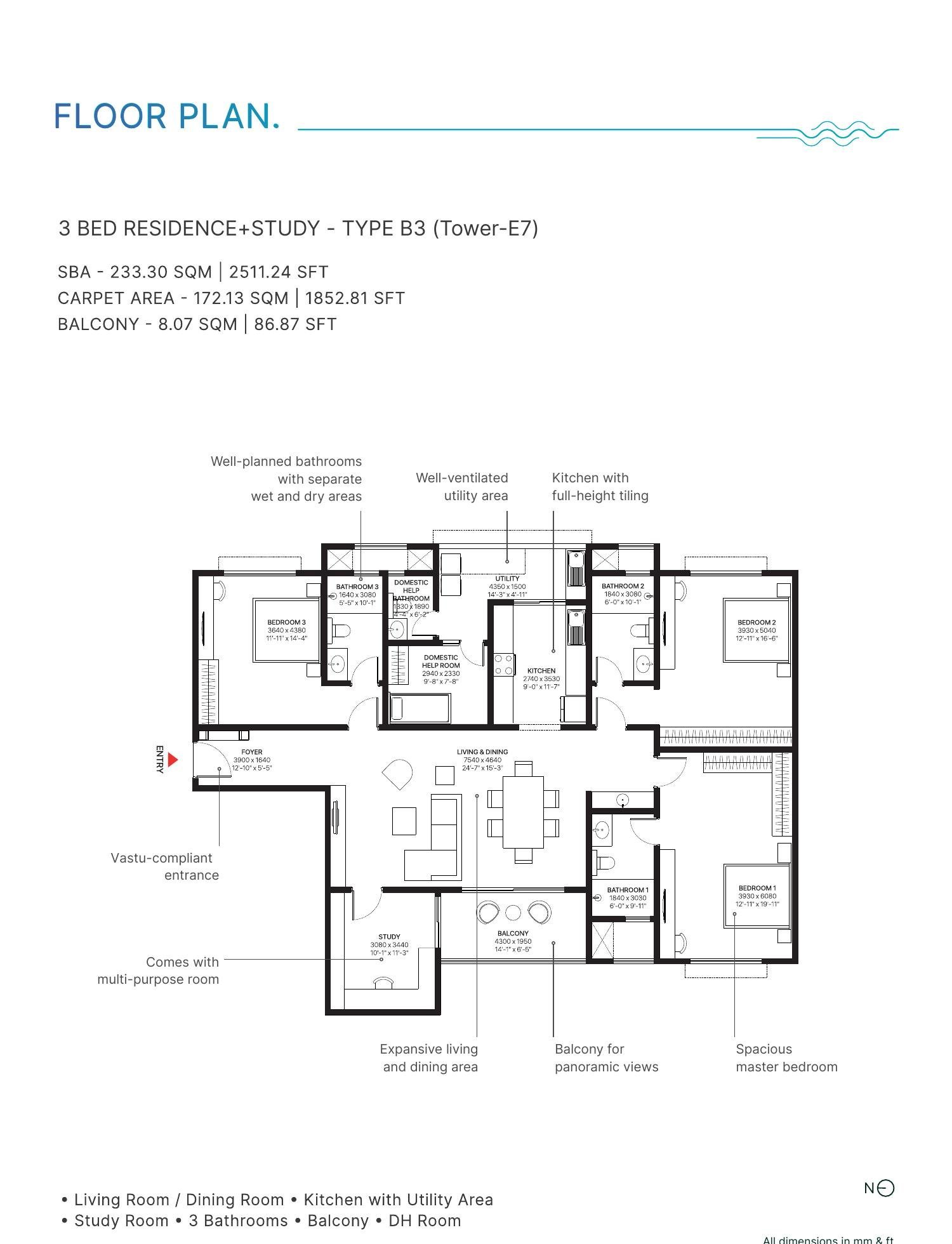 3 BHK + Study – Type B3, Tower E7, 1,853 sq ft carpet