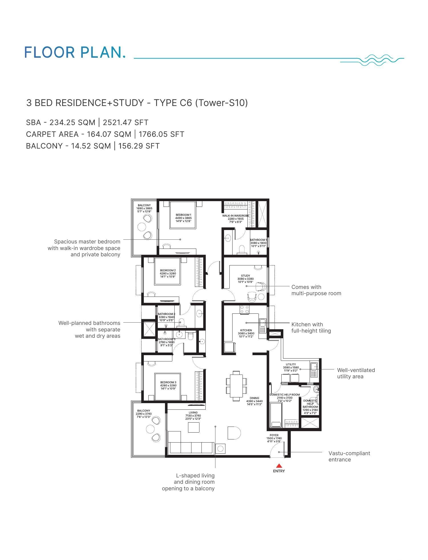 3 BHK + Study – Type C6, Tower S10, 1,766 sq ft carpet