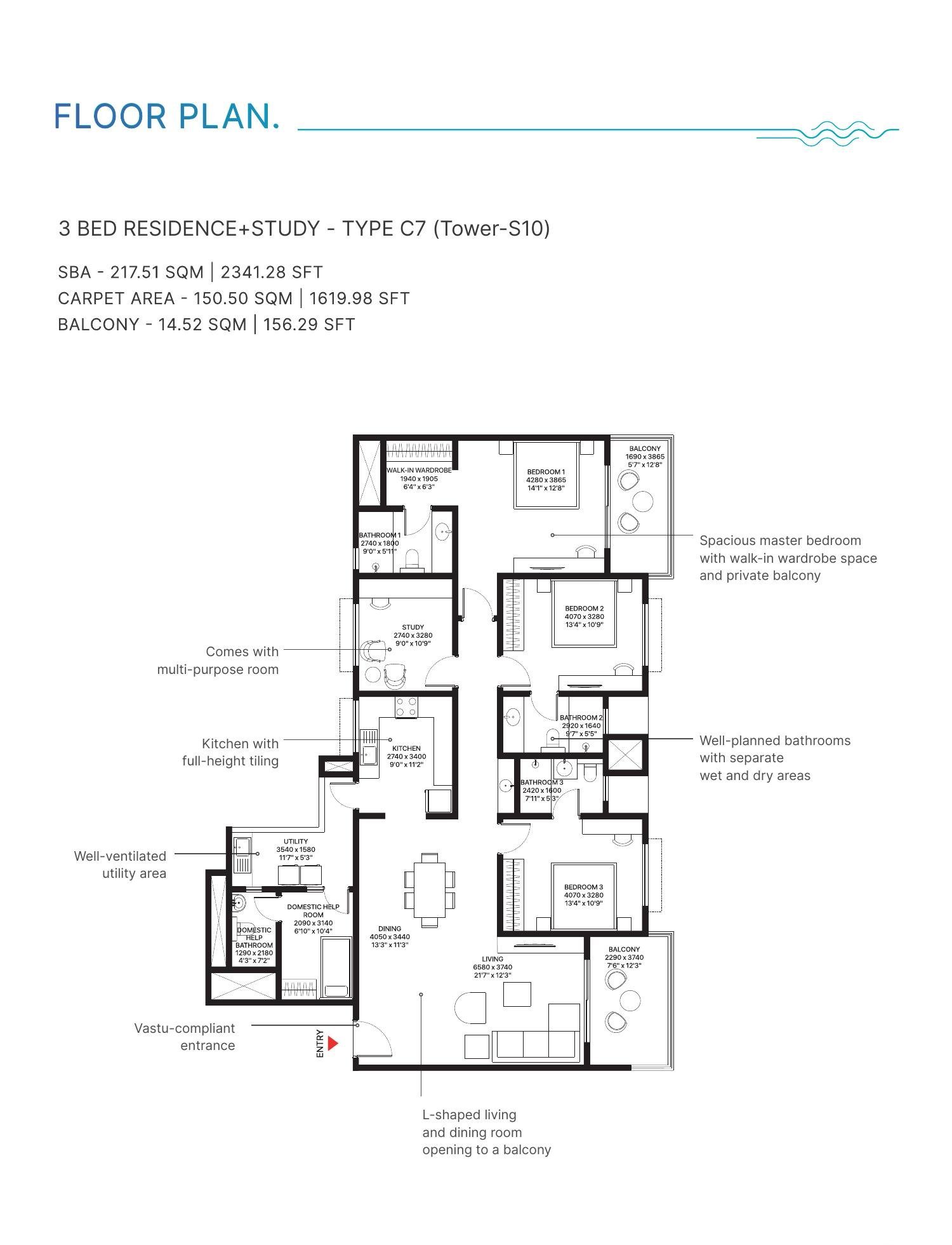 3 BHK + Study – Type C7, Tower S10, 1,620 sq ft carpet