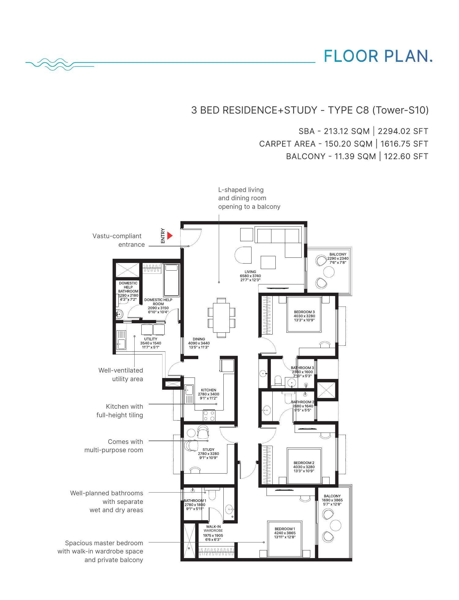 3 BHK + Study – Type C8, Tower S10, 1,617 sq ft carpet