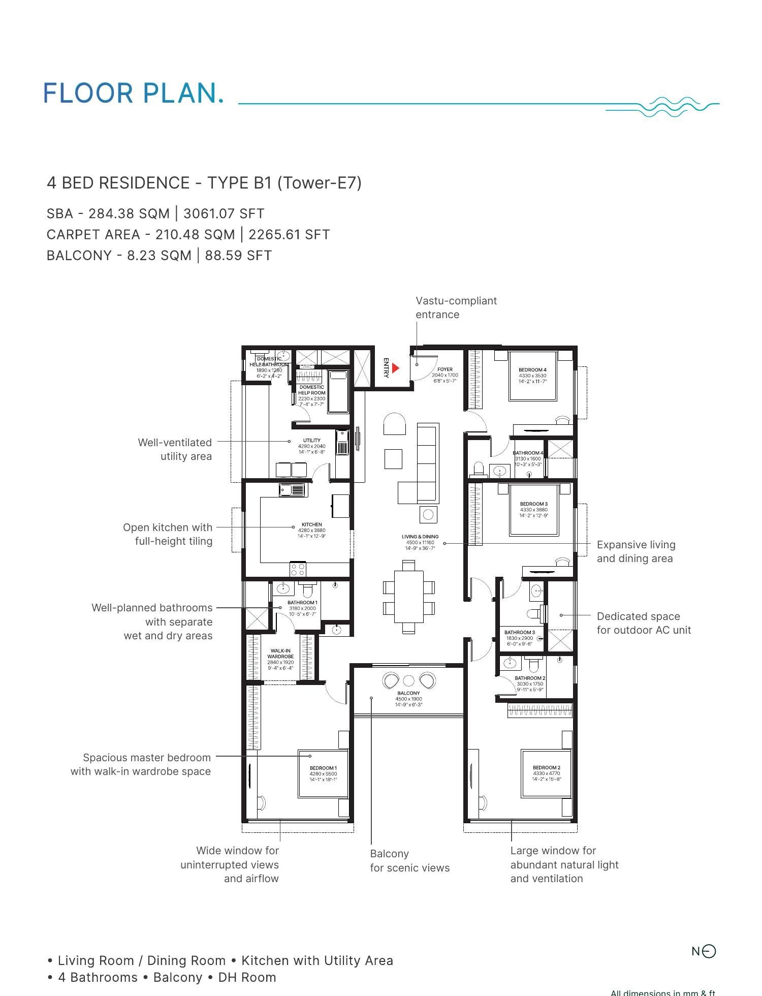 4 BHK – Type B1, Tower E7, 2,266 sq ft carpet
