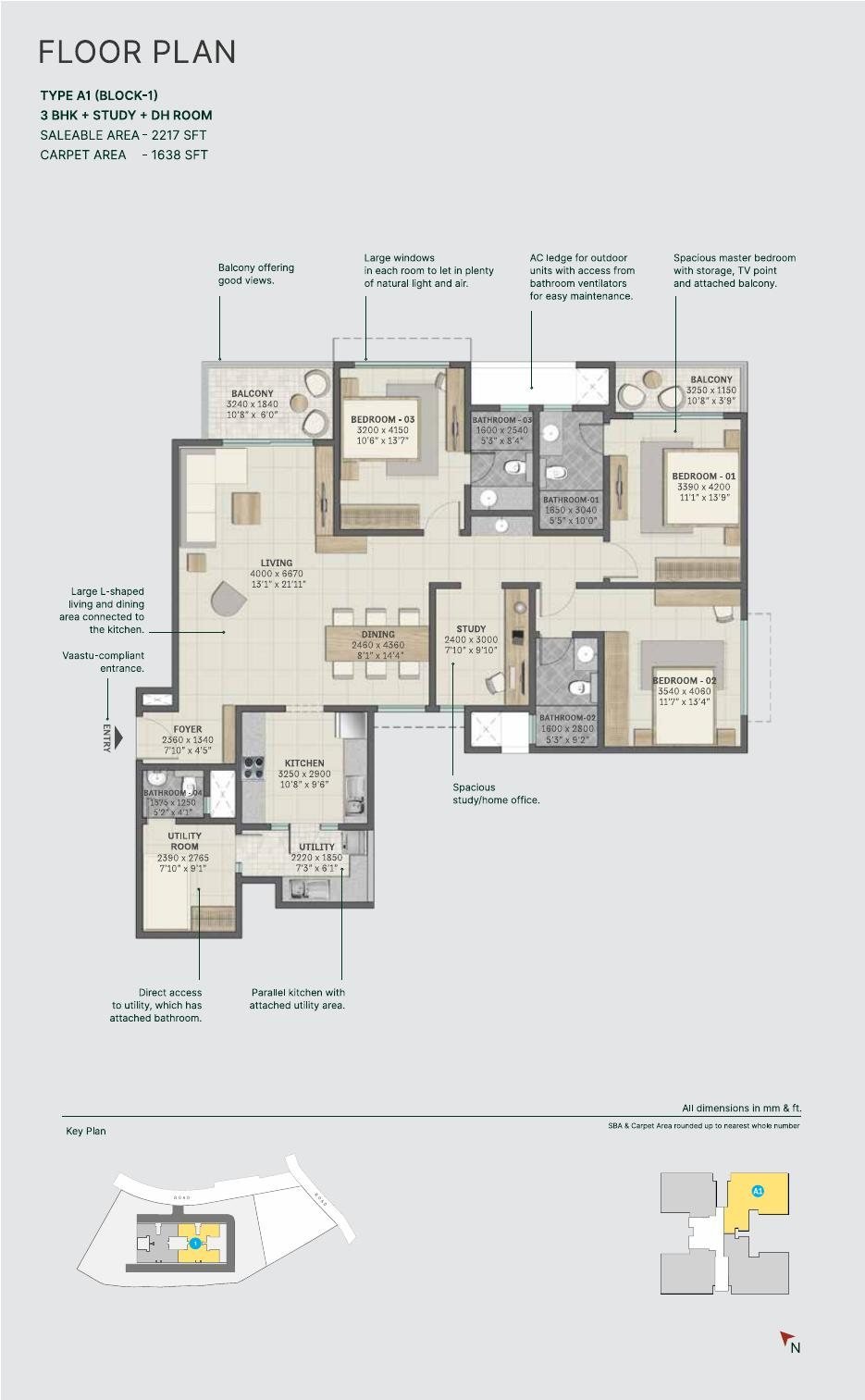 3 BHK + Study + DH Room – Type A, 1,638 sq ft carpet