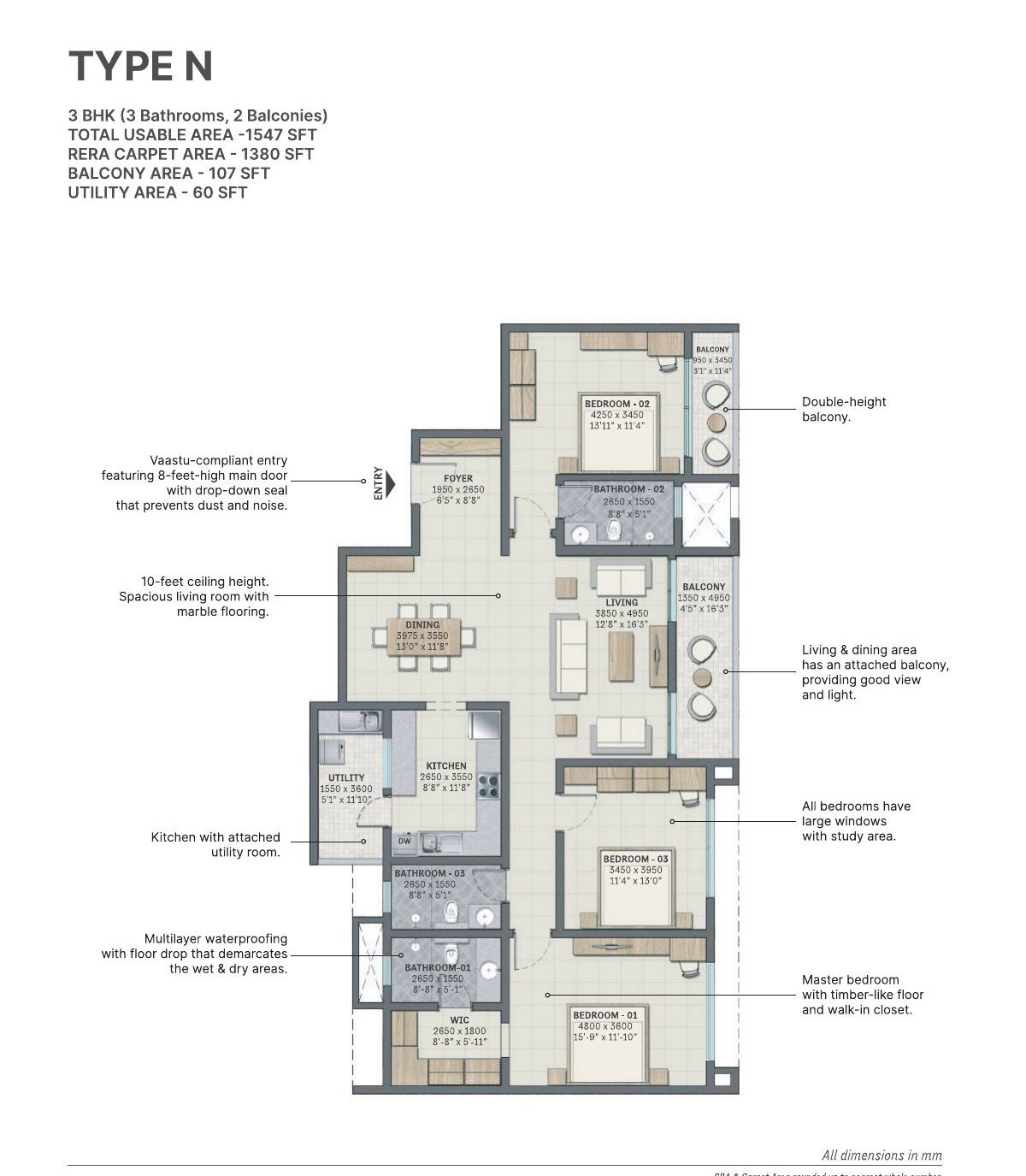 3 BHK – Type N, 1,380 sq ft RERA carpet