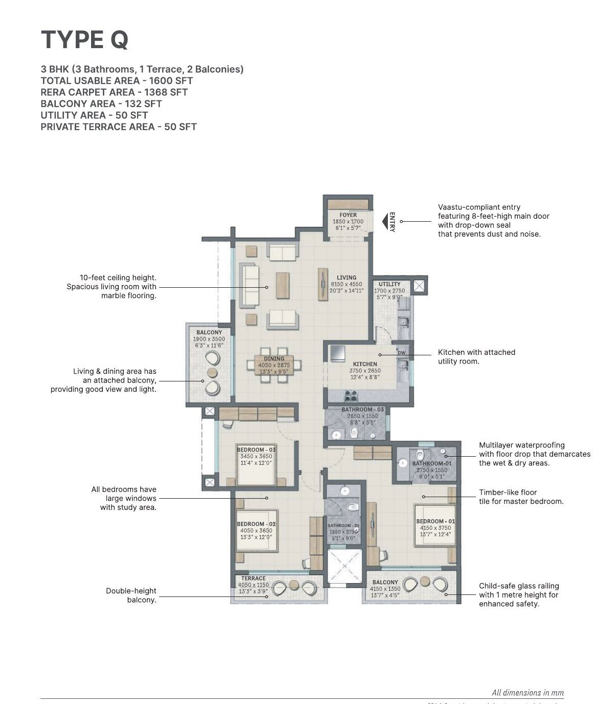 3 BHK – Type Q, 1,368 sq ft RERA carpet