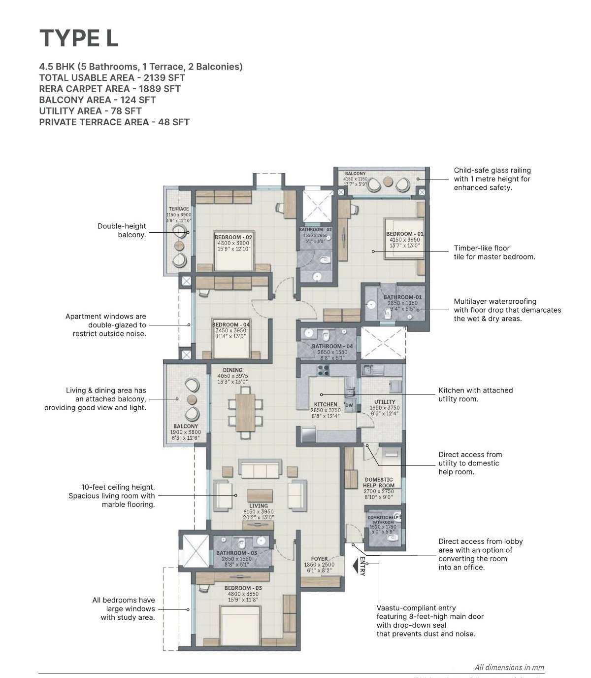 4.5 BHK – Type L, 1,889 sq ft RERA carpet