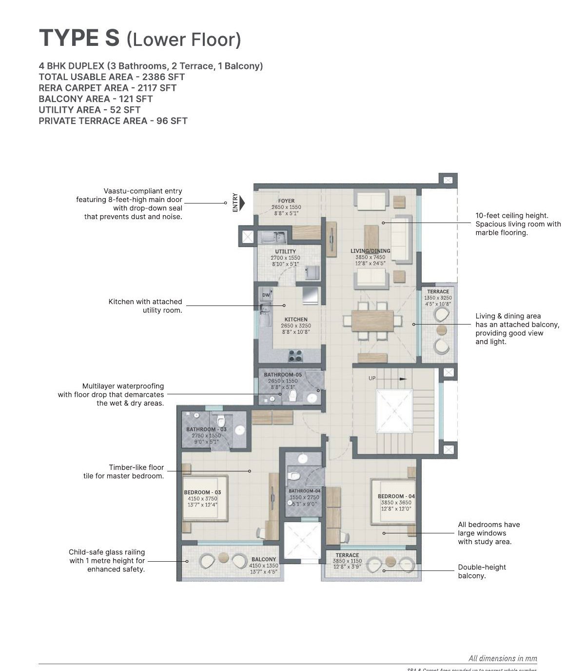 4 BHK Duplex – Type S lower floor, 2,117 sq ft RERA carpet