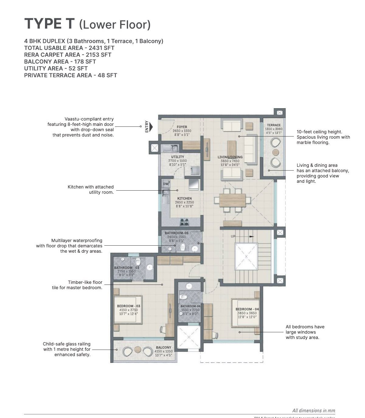 4 BHK Duplex – Type T lower floor, 2,153 sq ft RERA carpet