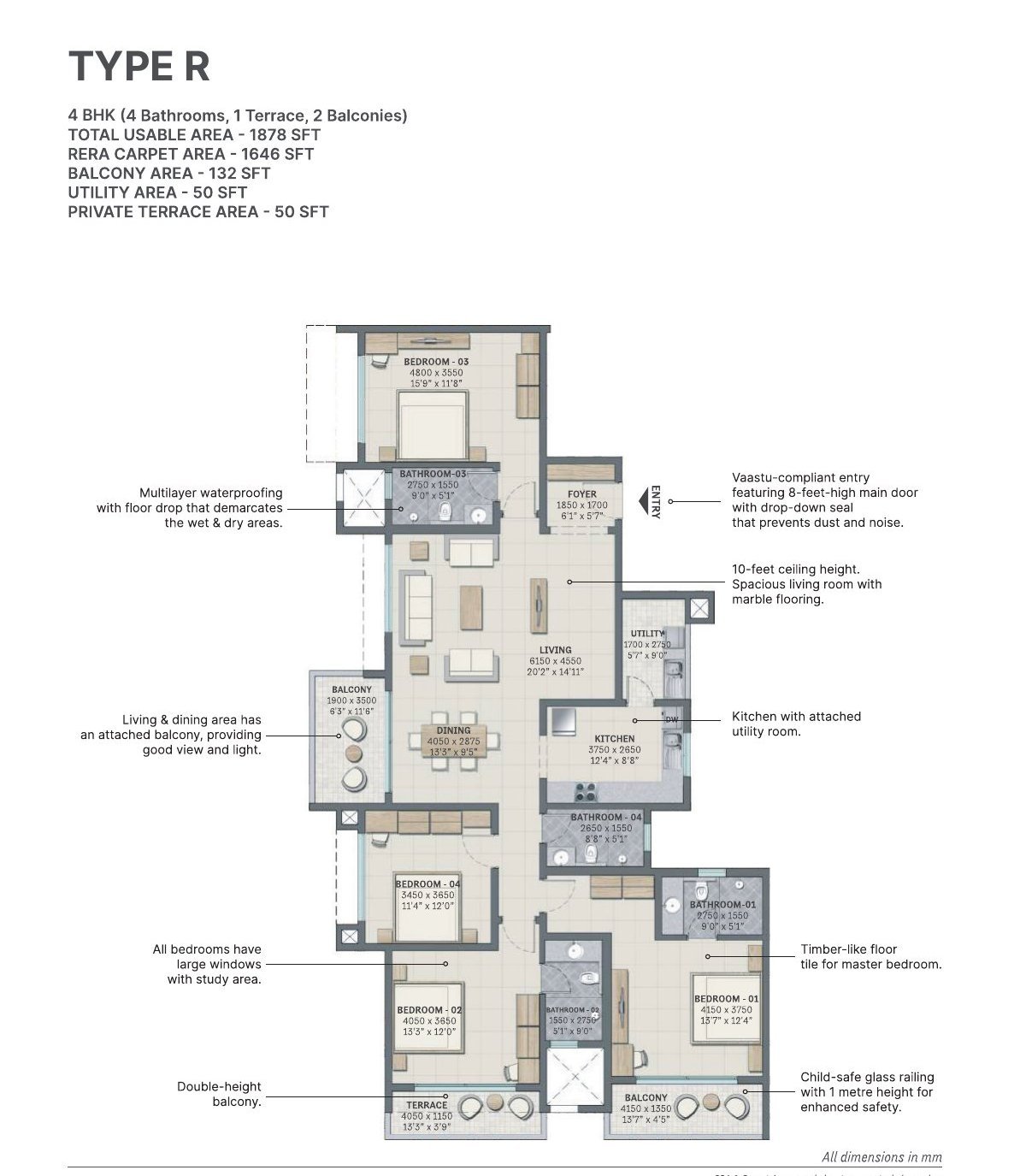 4 BHK – Type R, 1,646 sq ft RERA carpet