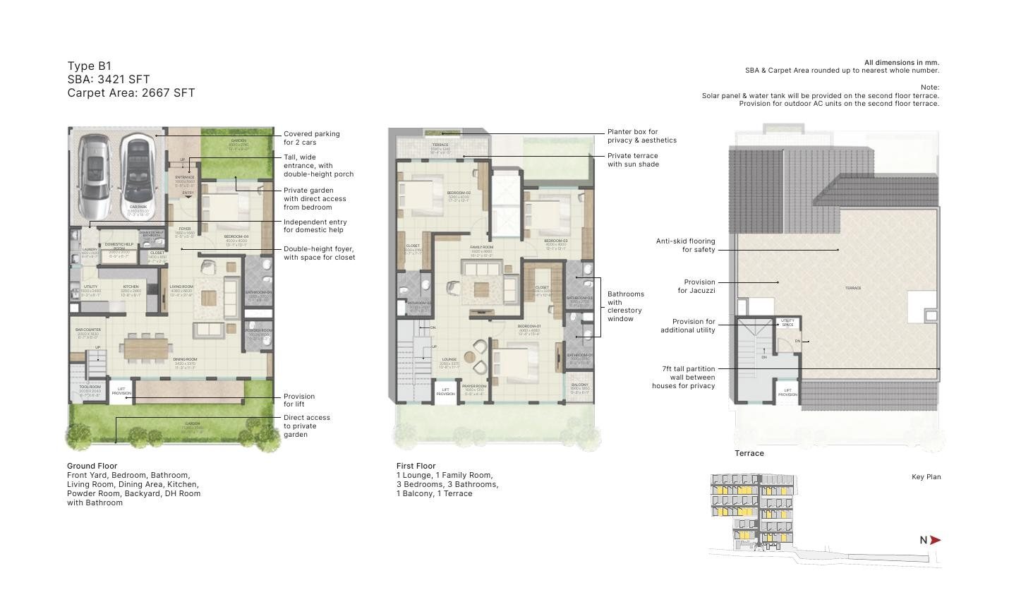 4 BHK + Lounge Row House – Type B, 2,667 sq ft carpet
