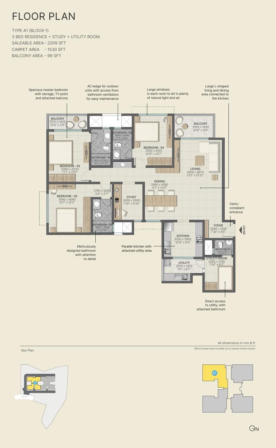 3 BHK + Study + Utility – Type A1, 1,530 sq ft carpet