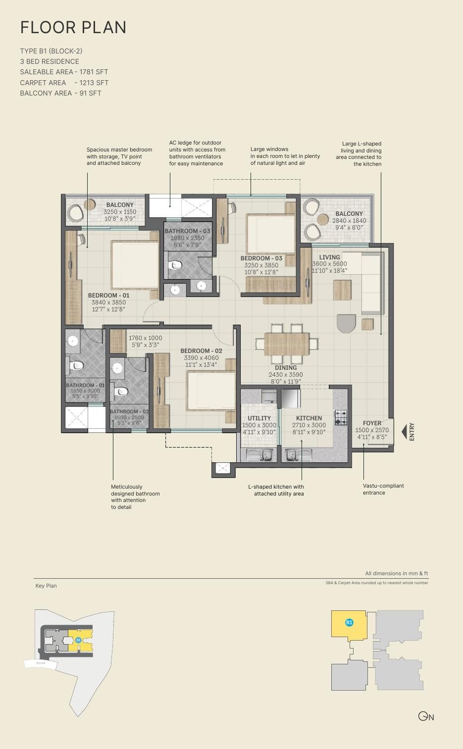 3 BHK – Type B1, 1,213 sq ft carpet