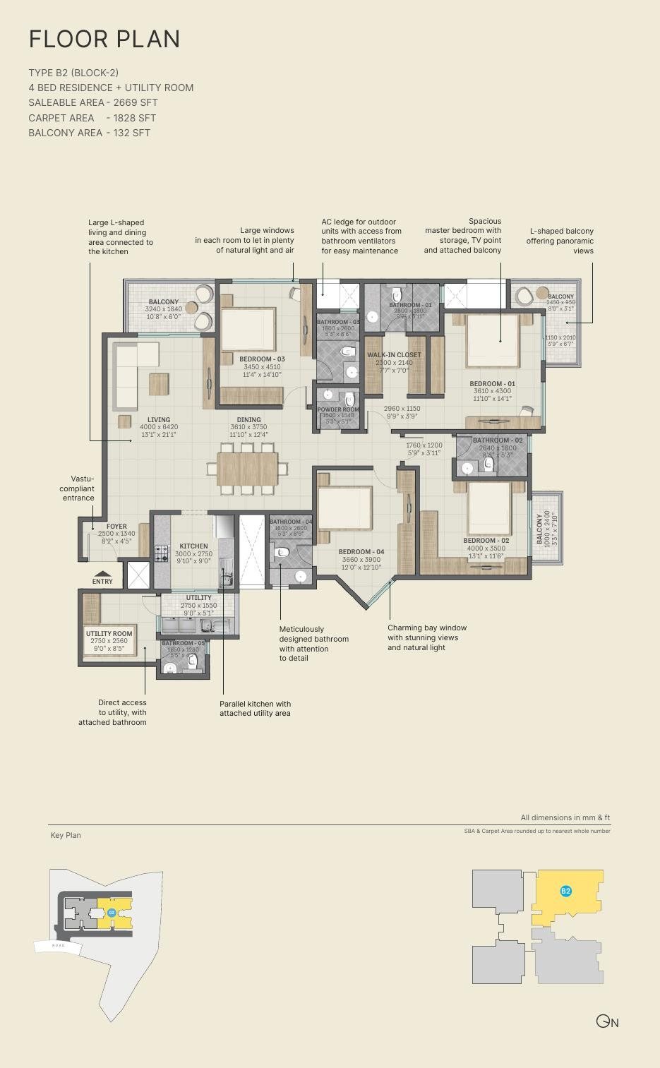 4 BHK + Utility – Type B2, 1,828 sq ft carpet