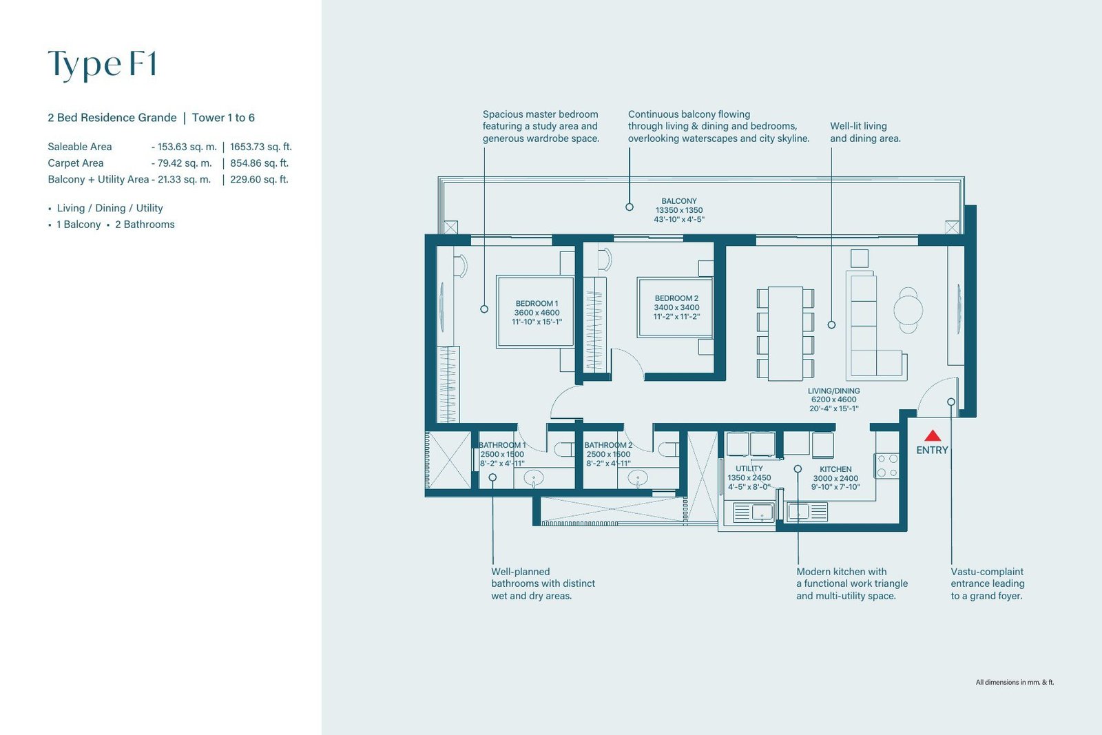 2 BHK Grande – Type F1, 855 sq ft carpet