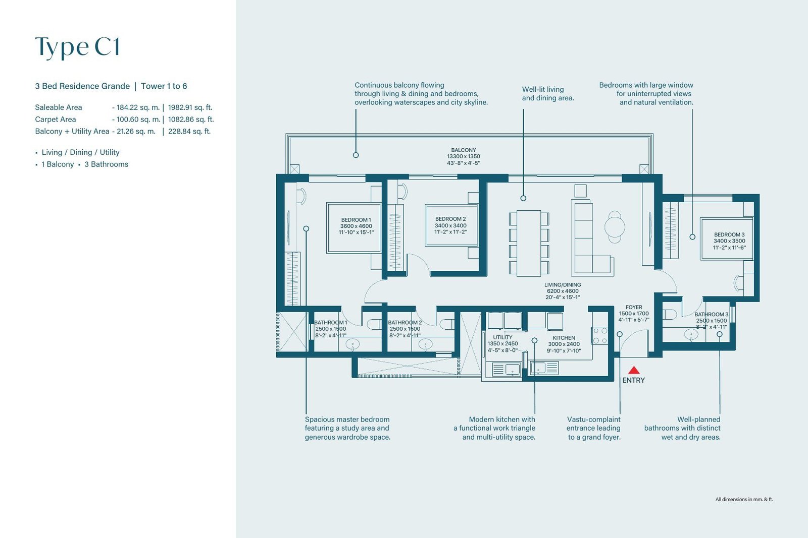 3 BHK Grande – Type C1, 1,083 sq ft carpet