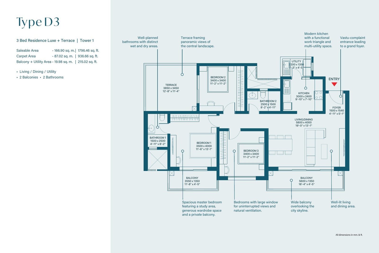 3 BHK Luxe + Terrace – Type D3, 937 sq ft carpet