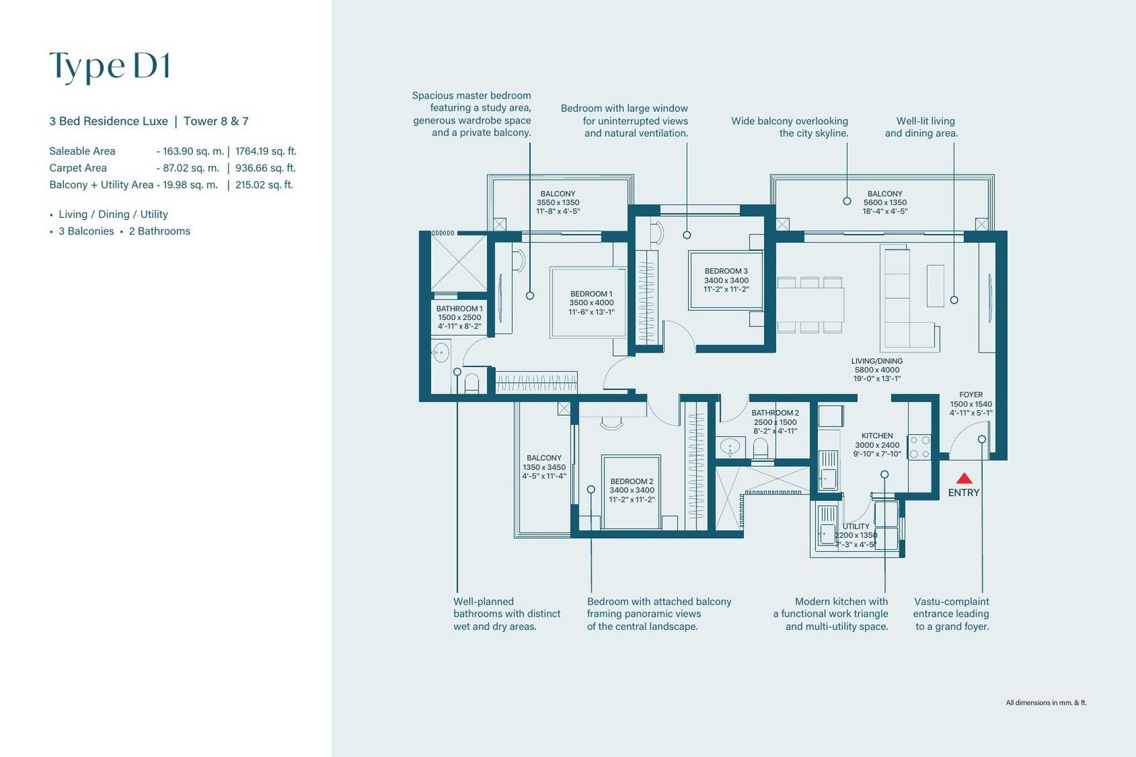 3 BHK Luxe – Type D1, 937 sq ft carpet