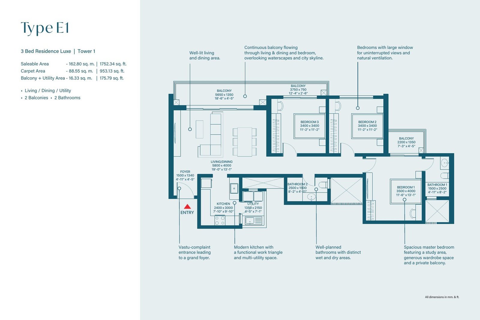 3 BHK Luxe – Type E1, 953 sq ft carpet