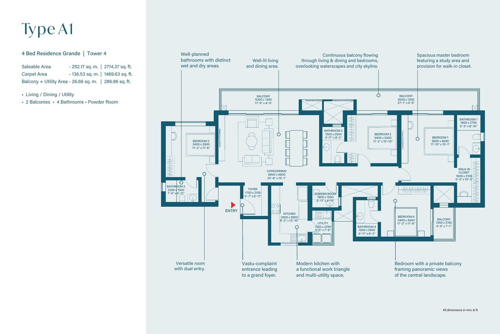 4 BHK Grande – Type A1, 1,470 sq ft carpet